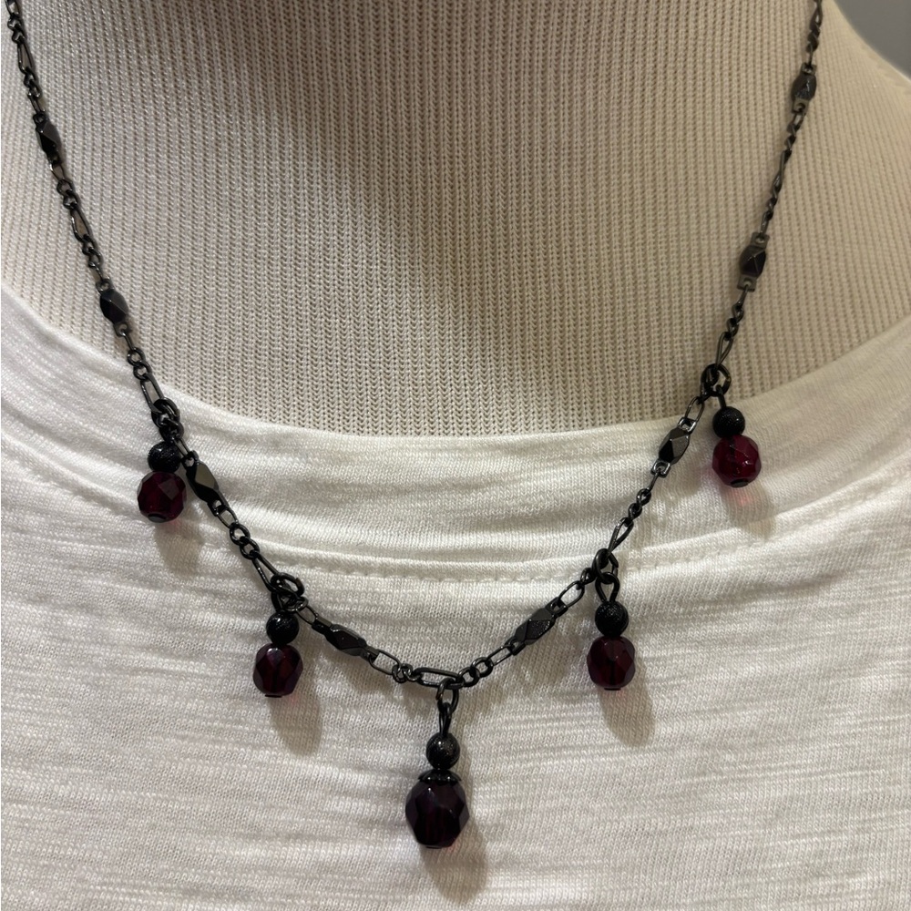 Elegant Silver (almost black-tone) and Red Beaded Necklace w/ extender. By 1928